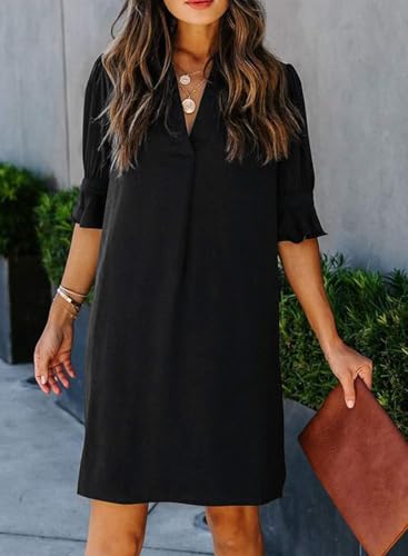 QACOHU Black Dresses for Women Summer V Neck Casual Tunic Loose Flowy Swing Shift Dress Black XL