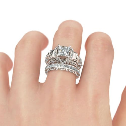 Jeulia Skull Engagement Ring Sets Sterling Silver Promise Eternity Band Rings Diamond Princess Cut with Cubic Zirconia Wedding Engagement Anniversary Promise Rings Bridal Sets (9.5(U.S))