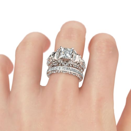 Jeulia Skull Engagement Ring Sets Sterling Silver Promise Eternity Band Rings Diamond Princess Cut with Cubic Zirconia Wedding Engagement Anniversary Promise Rings Bridal Sets (9.5(U.S))