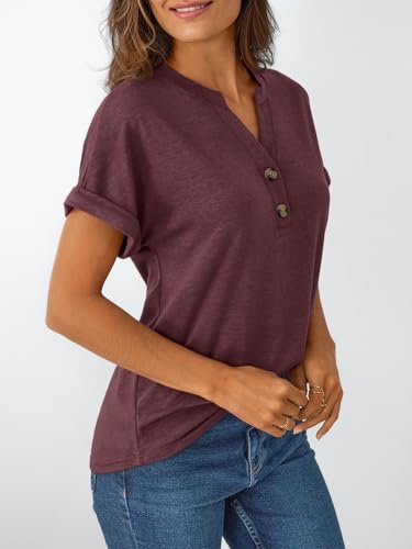 AUTOMET Women's Short Sleeve Shirts Henley Dressy Casual Summer Tops 2026 Spring Fashion Blouses Trendy Cute T-Shirts Business Work Outfits Clothes Wine L