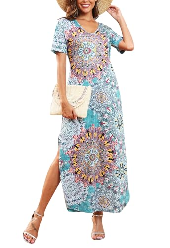 Vanya Maxi Dress in Zebra - Womens Summer V Neck Maxi Dress Casual Loose Split Dresses with Pockets MY128 Teal Sun