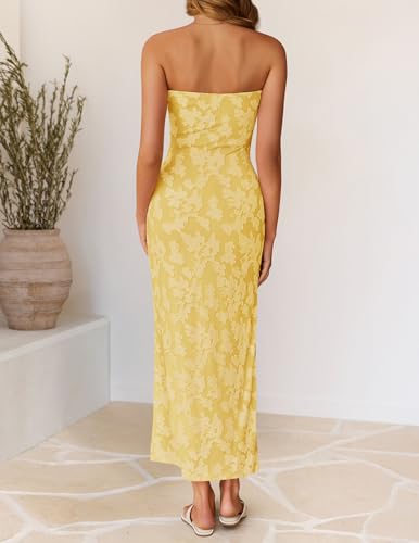 ZESICA Women's 2026 Summer Floral Strapless Maxi Sun Dress Bodycon Beach Vacation Wedding Guest Formal Cocktail Party Dresses, Yellow, S