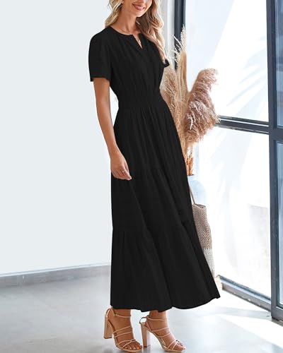 BTFBM Womens Summer 2026 Casual Midi Maxi Dresses Lightweight Short Sleeve V Neck Elastic Waist Boho Beach Dress Pockets