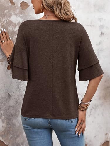 FUNBANG Womens V Neck Short Sleeve Shirts Double Tiered Ruffle T-Shirt Three Quarter Length Sleeve for Spring Summer Blouse 2026 Loose Fit Tunic 2026 Half Bell Fashion Clothes,Coffee Brown,M