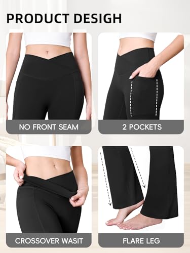 COPYLEAF Flare Leggings with Pockets for Women Seamless Crossover Yoga Pants with Tummy Control Bootcut Work Pants Trendy Black