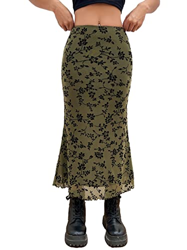 Verdusa Women's High Waisted Mesh Skirt Y2k Outfits Fishtail Bodycon Long Skirts Goth Clothes Army Green Floral Medium