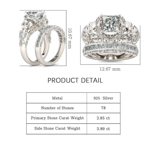 Jeulia Skull Engagement Ring Sets Sterling Silver Promise Eternity Band Rings Diamond Princess Cut with Cubic Zirconia Wedding Engagement Anniversary Promise Rings Bridal Sets (9.5(U.S))