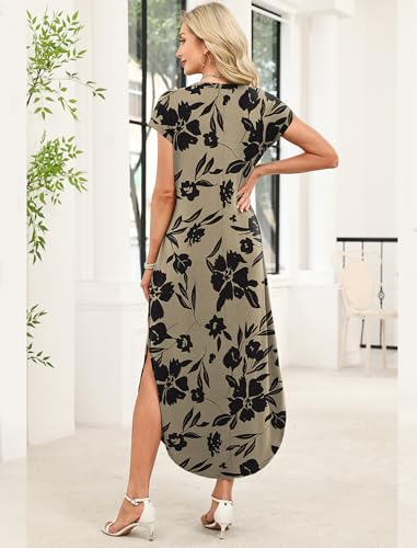 WIHOLL Cap Sleeve Crewneck Tshirts Maxi Dresses for Women 2026 Elegant Classy Floral Dress with Pockets Spring Dresses Work Teacher Outfits Vacation Resort Wear L