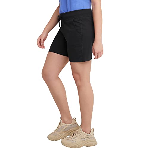 Hanes Women's Pocket Drawstring Cotton Inseam Shorts, Black, Large