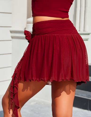 Avidlove Women's Mini Skirt Mesh Flowy Y2K Skirts 3D Flower Asymmetric Hem Skirt Wine Red L