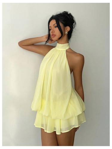 Verdusa Women's Chiffon Halter Drop Waist Wedding Guest Dresses Ruffle Summer Mini Dress Brunch Outfits Butter Yellow Large