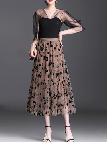Reaowazo Skirts for Women Midi Long Length Dressy Casual Trendy Summer Tulle A-Line Floral High Waist Skirt Khaki S-M