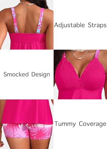 ROSEWE Womens Tankini Bathing Suits, Two-Piece Smocked Swim Dress, Print Swimsuits with Board Shorts Hot Pink