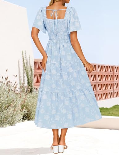ZESICA Womens Summer Boho Floral Midi Dress 2026 Casual Flowy Beach Vacation Wedding Guest Graduation Long Dresses Blue Medium