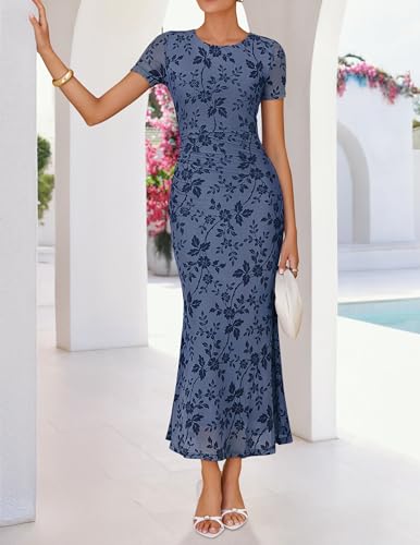 ZESICA Women's Summer Short Sleeve Floral Bodycon Dress 2026 Ruched Mesh Wedding Guest Cocktail Party Maxi Dresses Dusty Blue Medium