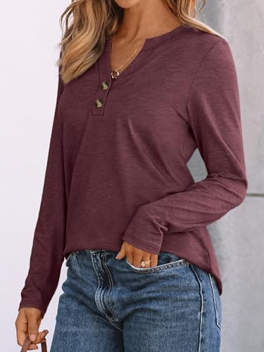 AUTOMET Long Sleeve Shirts for Women Blouses 2026 Spring Fashion Summer Tops Plus Size Dressy Casual Tops Trendy Henley Cute T Shirts Business Work Fall Outfits Clothes Wine M