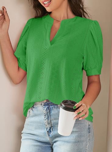 Dokotoo Shirts for Women Short Sleeve Lace Tops for Women Trendy 2026 Dressy Casual Blouses V Neck Summer Ladies Tops Business Casual Outfits for Womens Clothing Elegant Kelly Green Shirts for Women L