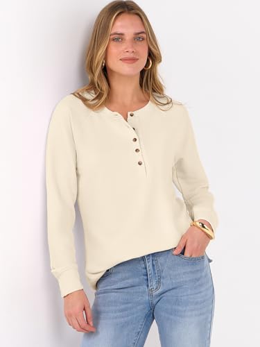 ANRABESS Women's Long Sleeve Waffle Knit Shirts Dressy Casual Loose Button Up V Neck Henley Tops 2026 Fall Basic Tee Blouse Parchment X-Large