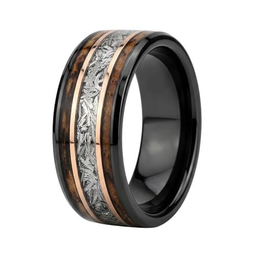 Risty Olivo Men’s Tungsten Wedding Band - 8mm Black Comfort Fit Meteorite Ring with Whiskey Wood Inlay - Rustic Handmade Tungsten Rings for Special Occasions and Meaningful Gifts - (120, Size 9)