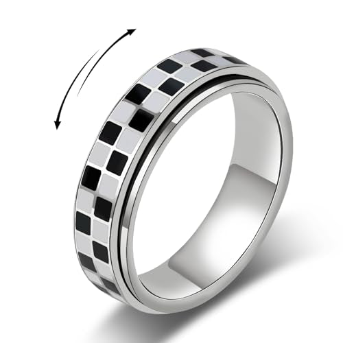Checkered Fidget Ring for Adults - 18K Gold Plated Stainless Steel Rotating Spinner Jewelry, Anxiety & Stress Relief Gift for Women/Men (Black and White Pattern) (Checkerboard Ring_Silver, size 9)