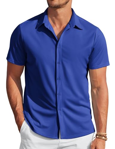 COOFANDY Men's Untucked Shirts Short Sleeve Regular Fit Summer Button Down Shirts Classic Blue XXL