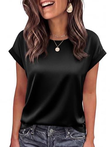 BTFBM Summer Tops for Women 2026 Dressy Satin Blouses Loose Crew Neck Short Sleeve Shirts Work Business Casual Outfits(Black, Medium)