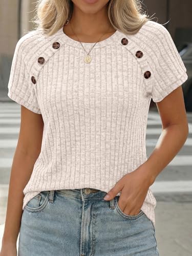 AUTOMET Women's Short Sleeve Shirts Business Casual Blouses Dressy Work Tunic Tops 2026 Spring Sweaters Fashion Clothes Apricot L