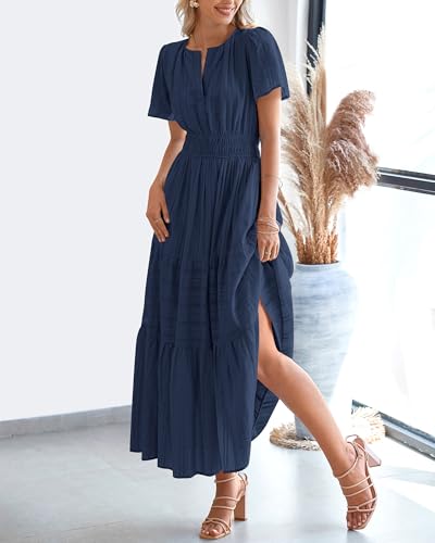 BTFBM Womens Summer 2026 Casual Midi Maxi Dresses Lightweight Short Sleeve V Neck Elastic Waist Boho Beach Dress Pockets(Navy, Medium)