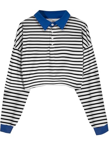 Natalie Winters Dress - Remidoo Women's Collared Half Button Long Sleeve Striped Crop Top Sweatshirt Black Blue-1