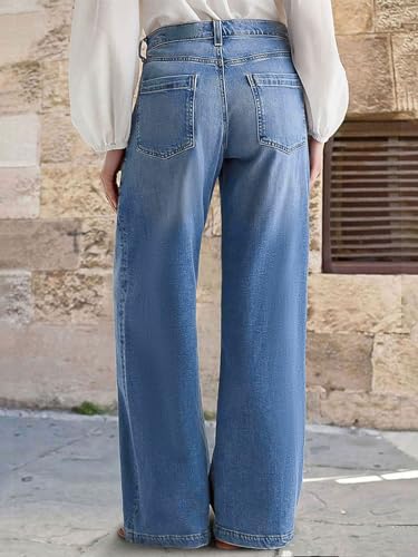 Flamingals Wide Leg Jeans for Women Mid Waist Baggy Stitch Decor Denim Washed Pants Without Belt Mid Blue M