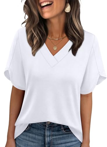 WIHOLL White Shirt Womens Blouses for Women Cute Tops Dressy Casual V Neck Shirts Fashion Clothing School Outfits for Teachers Womens Summer Tops White L