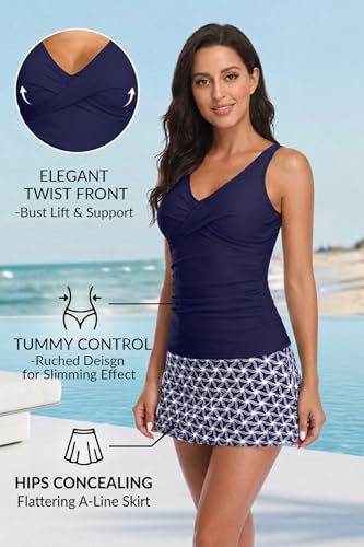 Talisea Womens Tankini Bathing Suits with Skirt Two Piece Tummy Control Swimsuits Ladies Swimwear Blue Star M
