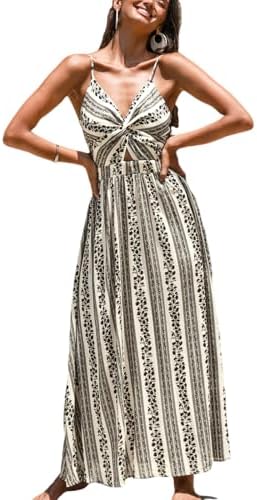 Sundresses - CUPSHE Women's Maxi Dress Floral Print Twisted V Neck Sleeveless Long Dress Summer Casual Dress Black Striped