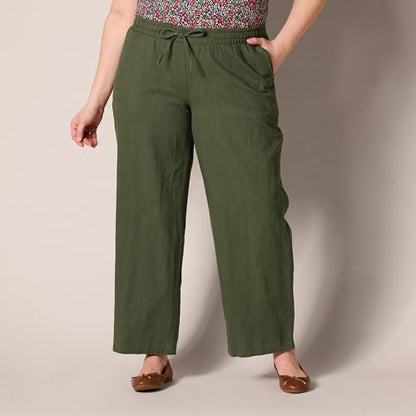 Amazon Essentials Women's Pull On Linen Blend Drawstring Relaxed Fit Wide Leg Pant, Dark Olive, Medium