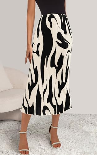PRETTYGARDEN Women's Office Work Pencil Skirt Stretch High Waist Below Knee Pleated Long Skirts for Women Trendy Midi Skirt (Beige, Small)