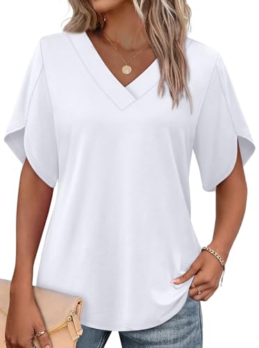 WIHOLL White Shirt Womens Blouses for Women Cute Tops Dressy Casual V Neck Shirts Fashion Clothing School Outfits for Teachers Womens Summer Tops White L
