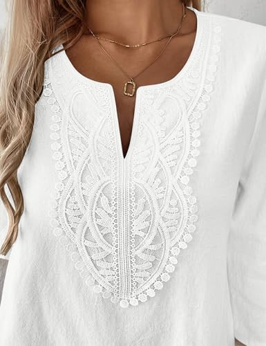 LOMON 3/4 Length Sleeve Womens Tops Loose Fit Boho Tops Cotton Linen V Neck Shirt Spring Dressy Peasant Blouses(White,L)