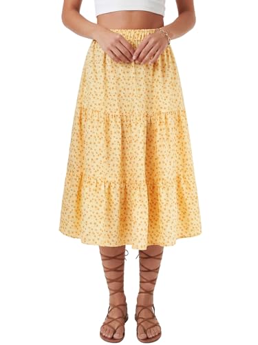 LYANER Women's Floral Print High Waisted A Line Tiered Ruffle Boho Swing Midi Skirts with Pockets Light Yellow Floral Print Small
