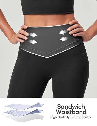 IUGA Compression Leggings with Pockets for Women Tummy Control Leggings No Front Seam Workout High Waist Yoga Pants, Black