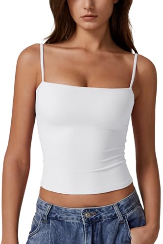 QINSEN Basic Tank Tops for Women Spaghetti Strap Double Lined Slim Fitted Camisole Going Out Tops White S