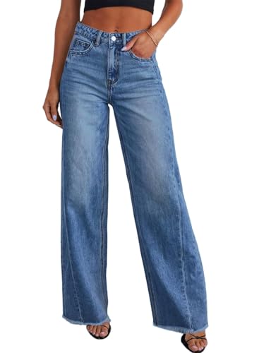 Sidefeel Women's Wide Leg Jeans High Waisted Stretchy Raw Hem Denim Pants Size 14 Blue