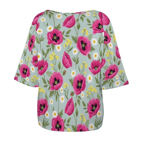 Off Shoulder Mid Sleeve Tee Relaxed Fit Soft Women's Top Streetwear Fashion Spring Poppy Daisy Blue Floral Pattern 5XL