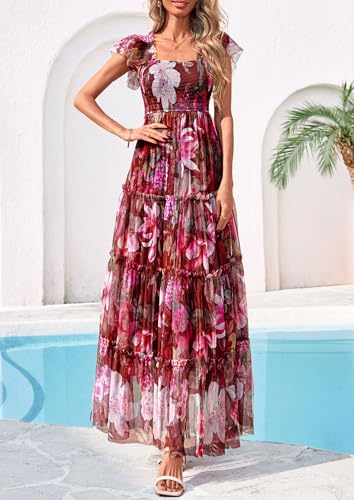 PRETTYGARDEN Women's Summer Tulle Midi Dress Sleeveless Smocked Ruffle Flowy Mesh Dresses Party Wedding Guest Sundress (Floral Brown Pink,Medium)