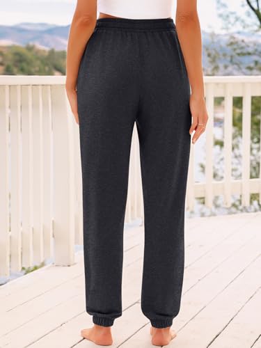 AUTOMET Women‘s High-Waisted Sweatpants with Pockets, Loose Lounge & Pajama Pants for Fall, Winter, Spring Yoga Travel BlackGrey L