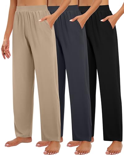 Huukeay 3 Pack Women's Lounge Pants, Cozy Wide Leg Lounge Slacks with Pockets Loose Flowy Yoga Sweatpant Workout Comfy Jogger(Black, Charcoal Gray, Khaki,X-Large)