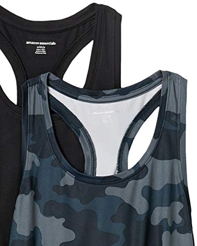 Amazon Essentials Women's Active Quick Dry Tech Stretch Racerback Scoop Neck Tank Top, Pack of 2, Black/Grey Camo, X-Large