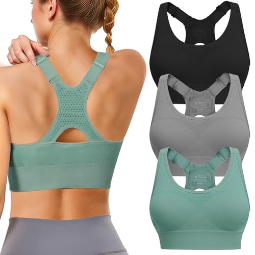 Sports Bras for Women High Support: Adjustable Strap 3 Pack High Impact Plus Size Supportive Padded Racerback Push up Sport Bra Multipack with Sewn in Pads for Large Bust Workout Running Gym Yoga