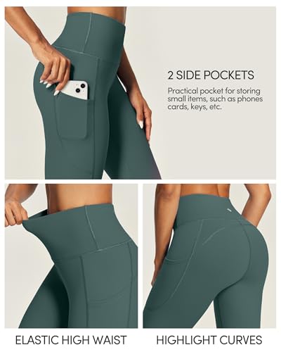 IUGA Fleece Lined Leggings Women Thermal Leggings for Women Winter Warm Tights High Waisted Hiking Yoga Pants with Pockets(Dark Green, L)