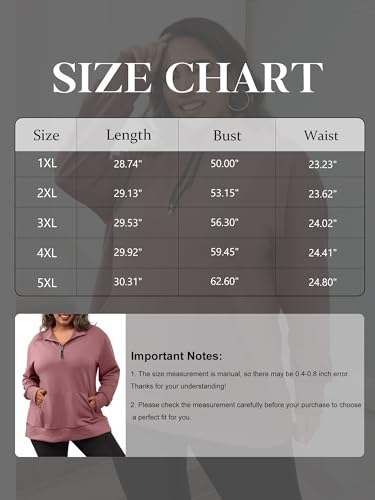 TAKEYAL Womens Quarter Zip Plus Size Sweatshirt Pockets Oversized Drop Shoulder Crewneck 2025 Fall Spring Clothes (Dark Pink, 3XL)