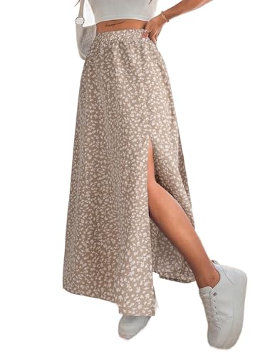 Avanova Women Boho Floral Slit Maxi Skirt Split Thigh High Waisted Long Skirts Apricot Medium